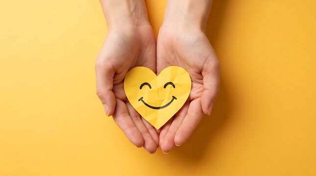 Hands cupping a yellow paper heart with a happy smiley face on a yellow background kindness background