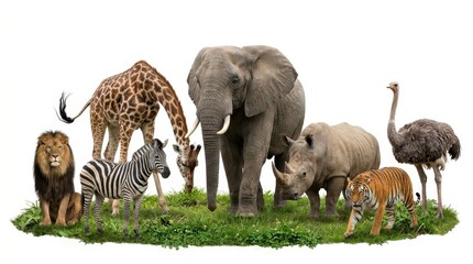 Fototapeta premium Diverse Collection of African and Asian Wildlife Animals Standing on Grass Isolated on White Background