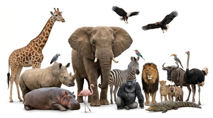 Fototapeta premium Large Group of African Wildlife Animals Isolated on White Background - Elephant, Lion, Giraffe, Rhino, and More