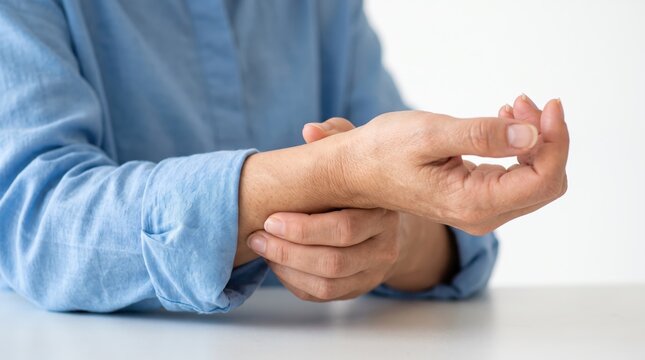 Woman holding her wrist in pain demonstrating carpal tunnel syndrome symptoms, repetitive strain injury from computer use, healthcare and medical showing joint discomfort
