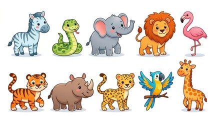 Fototapeta premium Set of Adorable Safari and Jungle Animals Illustration - Vector Cartoon Characters for Children's Education and Design.