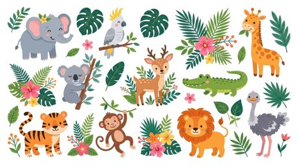 Naklejka premium Cute Cartoon Jungle and Safari Animals Collection with Tropical Leaves and Flowers Vector Illustration Set for Kids