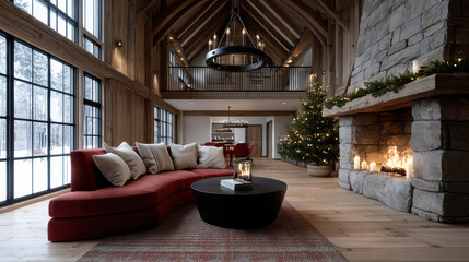 Obraz premium Upscale rustic living room with vaulted ceiling, stone fireplace, red sofa, Christmas tree, wood floor, large windows, cozy winter ambiance