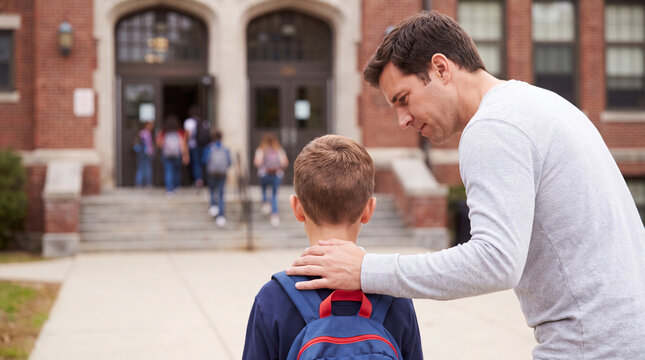 Father comforts son outside school building as students walk in background, showcasing brick architecture and steps leading to entrance