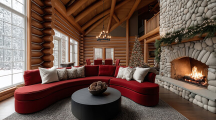 Obraz premium Cozy rustic living room with red sectional sofa, stone fireplace, log walls, large windows, holiday decor, and warm winter ambiance