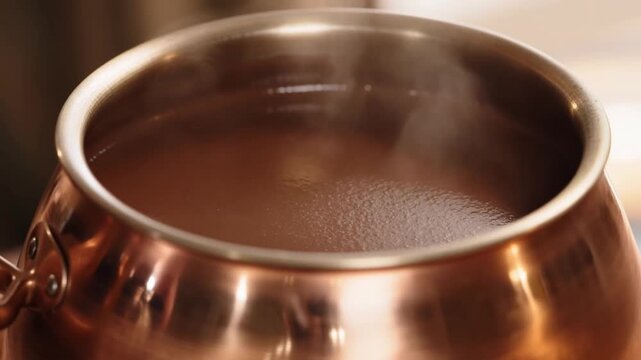 consistent chocolate melting, masterful technique crafting glossy ganache in professional kitchen, rich brown textured chocolate tempered steadily in copper pot with delicate steam and precision