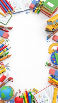 Colorful school supplies arranged around a blank space, including books, crayons, a globe, and a toy school bus on a white background