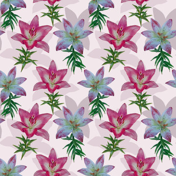 Seamless pattern with Lilies. Colored pencils drawing on paper. Original hand-drawn artwork. Vibrant plant with green leaves.  Detailed botanical illustration. Close-up flowers. Realistic drawing