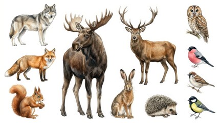 Fototapeta premium Forest Animals and Birds Illustration Set with Wolf, Moose, Deer, Fox, Owl, Squirrel, and Hedgehog Isolated on White