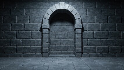 Fototapeta premium Dark stone wall with arched alcove and cobblestone floor