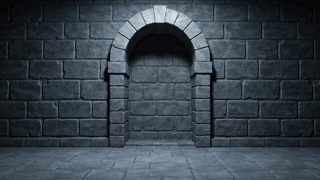 Dark stone wall with arched alcove and cobblestone floor
