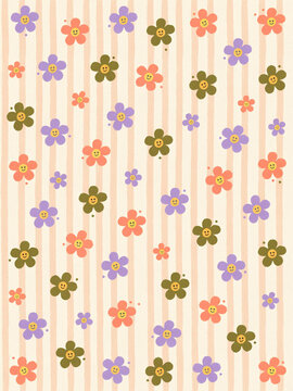 Retro groovy seamless pattern with smiling flowers and stripes