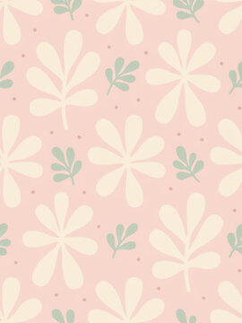 Seamless pattern with cute flowers and leaves on pink