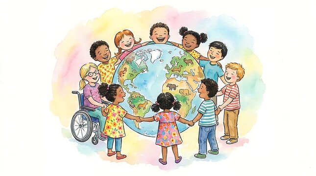 Watercolor illustration of diverse happy children holding hands and standing together around the globe