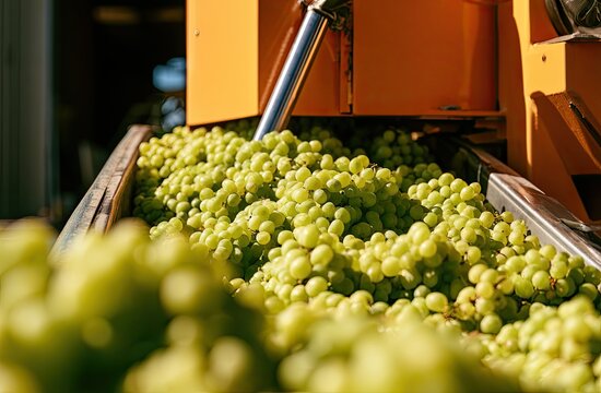 Harvesting Fresh Green Grapes for Winemaking at a Vineyard.
