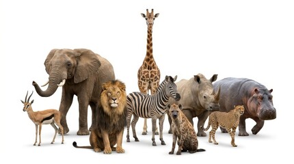 Fototapeta premium African Safari Wildlife Collection with Elephant Lion Giraffe Zebra Rhino Hippo and Cheetah on White Background