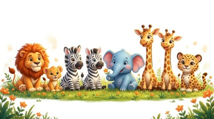 Fototapeta premium Cute Cartoon Safari Animals Collection with Lion, Elephant, Giraffe, Zebra, and Leopard on White Background for Kids
