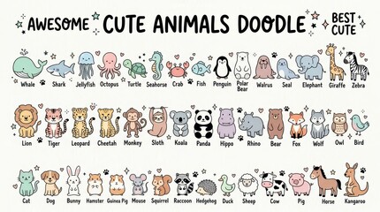 Fototapeta premium Mega Pack of Cute Animal Doodles Kawaii Style Illustrations for Kids Stickers Educational Materials and Nursery Decor