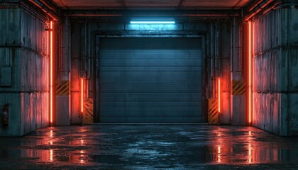 Fototapeta premium Futuristic Industrial Garage with Neon Lights and Wet Floor.