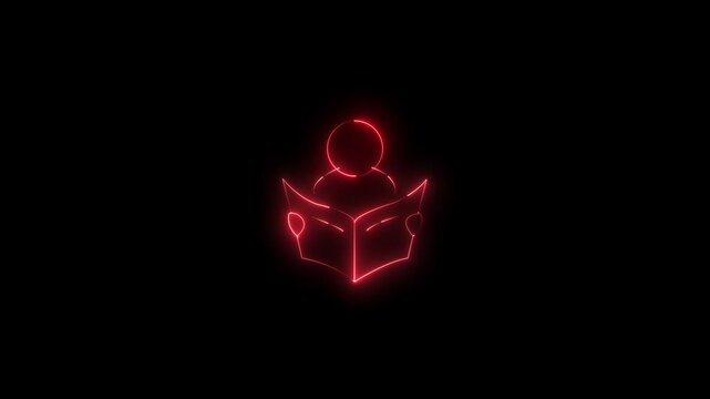 glowing red colour  neon person reading book icon isolated on black background. futuristic education, learning, knowledge, and study concept. 4k video animation.