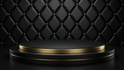 Obraz premium Black circular pedestal with gold trim against quilted leather background