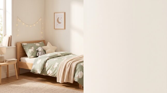 Cozy children bedroom interior toddler bed with cute sheep and goat pattern bedding blanket massive empty wall mockup copy space