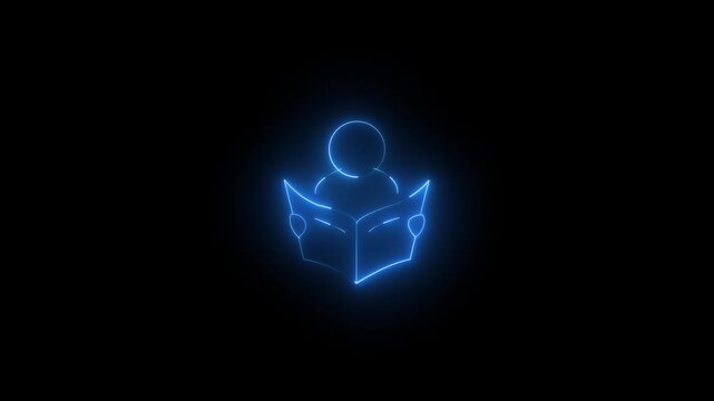 glowing blue colour neon person reading book icon isolated on black background. futuristic education, learning, knowledge, and study concept. 4k video animation.