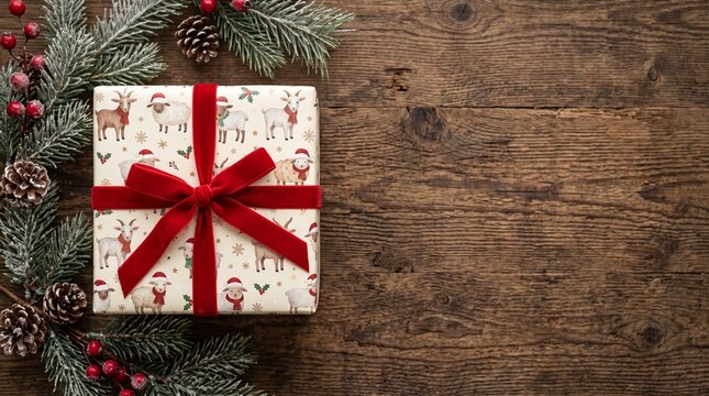 Top down flat lay Christmas gift box wrapped in festive paper with adorable sheep pattern tied with red ribbon mockup negative space