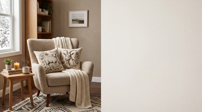 Cozy modern living room interior comfortable armchair with two decorative throw pillows elegant sheep and goat illustrations mockup copy space