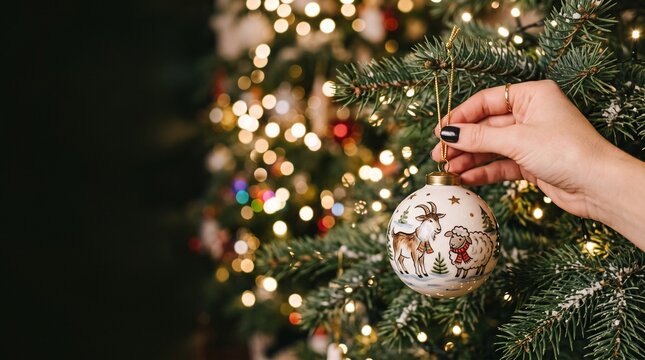 Close up hand hanging beautiful ceramic Christmas tree bauble ornament with painted goat design on pine branch bokeh background mockup