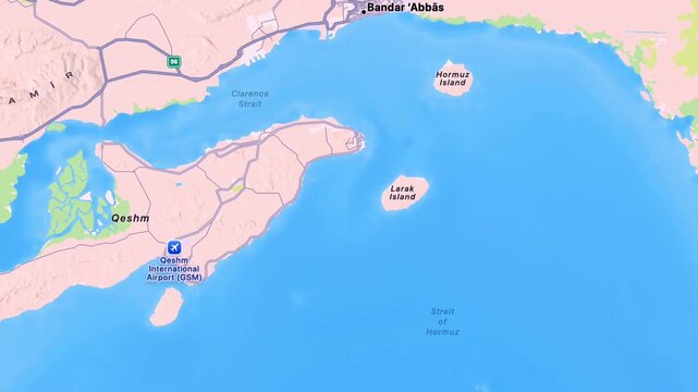 Lark, Qeshm and Hormuz Islands with Bandar Abbas in Iran Showing Persian Gulf Geography, Strait of Hormuz and Strategic Coastal Location