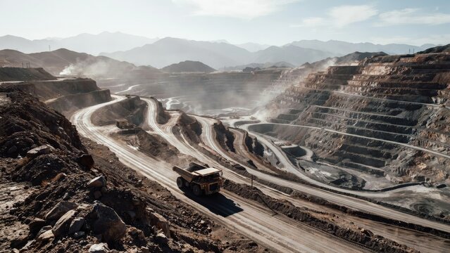 Large haul truck driving on winding dirt road in an open pit copper mine