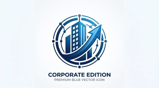 Corporate business growth arrow with skyscraper inside modern circle icon
