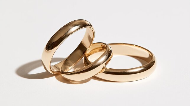 Three elegant gold wedding rings stacked and overlapping on a clean white background with soft shadows.