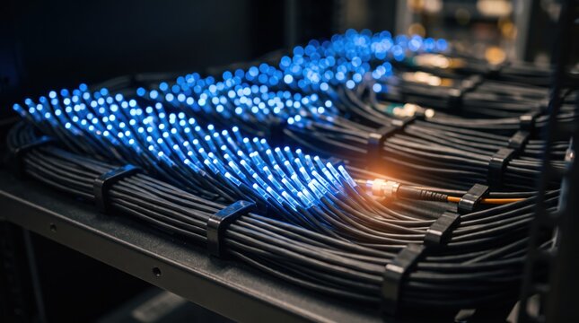 view of organized fiber optic cables with glowing blue lights in dark server room data center, high speed internet connection infrastructure, telecommunication technology