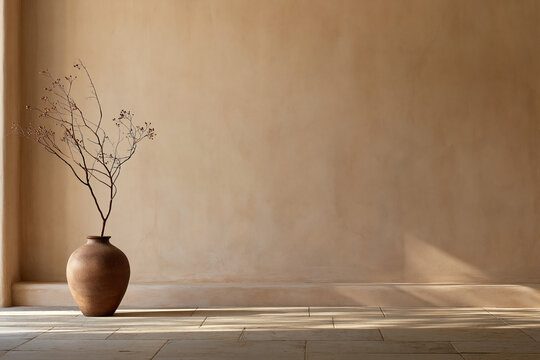 Single handmade ceramic vase dried branch warm interior