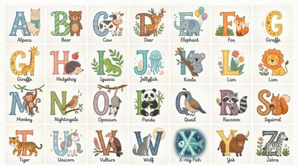 Fototapeta premium Cute Animal Alphabet Poster for Kids Nursery Decor Educational ABC Chart with Hand Drawn Illustrations