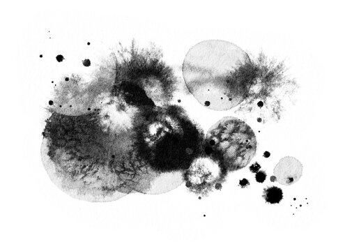 Abstract ink blob, grunge art. Black paint stroke texture in marble style. Wallpaper design. Hand drawn watercolor isolated illustration on transparent background
