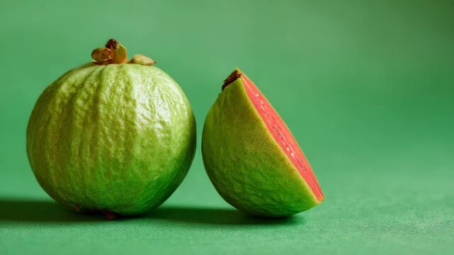 Closeup focused pineapple guava isolated on solid green background for chroma key evenly lit with crisp edges and professional separation