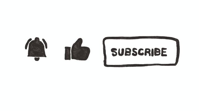 Hand drawn animated subscribe button with like and notification bell icons on white
