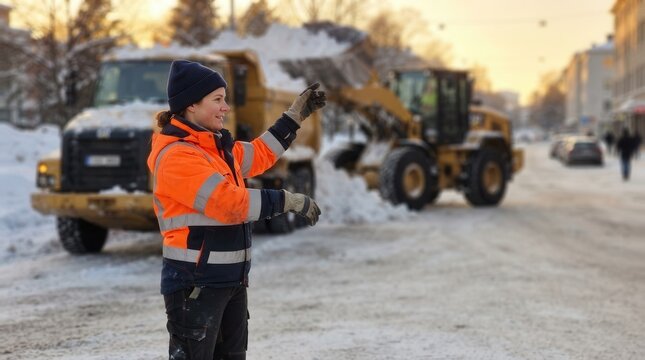 A diligent worker in high-visibility gear orchestrating snow removal operations with heavy machinery on a crisp winter day in an urban environment
