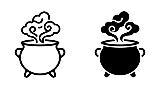 Witch cauldron boiling magic potion pot with steam outline and solid vector icons cauldron witchcraft halloween silhouette isolated container mystical creature