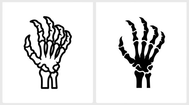 Scary skeleton hand bone claw icon set in outline and solid black vector illustration with skeleton halloween silhouette isolated decoration