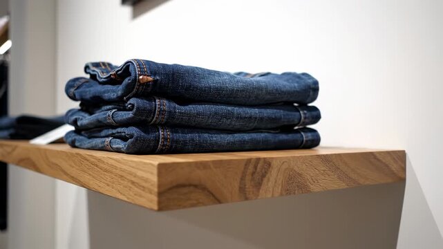 Stacked dark blue denim jeans neatly folded on a wooden shelf in a clothing retail store boutique