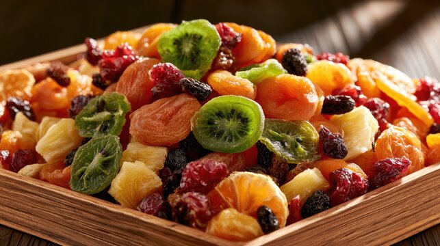 A Colorful Assortment of Dried Fruits and Berries in a Wooden Bowl.