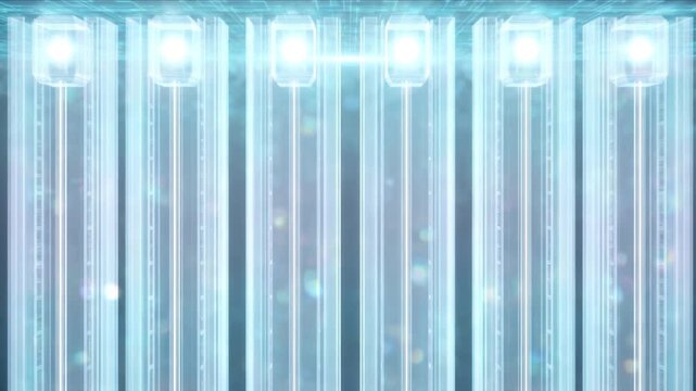 青く発光するサイバー空間を垂直に昇降する光のエレベーター背景映像