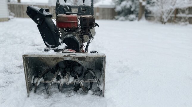 Snow Blower Resting in a Pristine Snowy Backyard After Clearing the Driveway During a Cold Winter Storm for Efficient Residential Maintenance