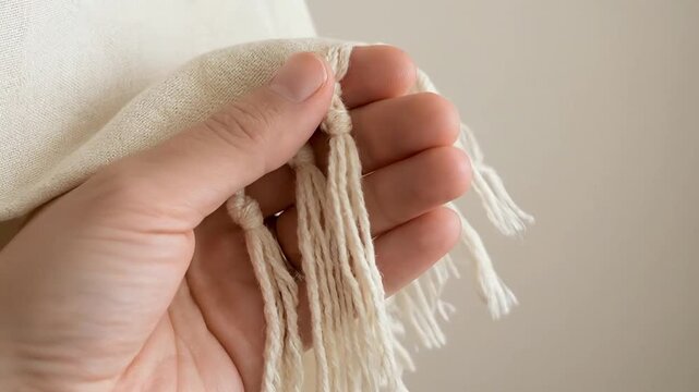 Woman holding white woven fabric with knotted fringe showcasing handmade textile texture