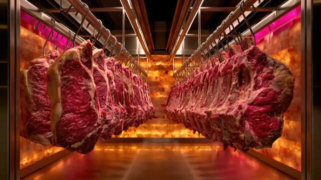 Dry aged beef hanging in temperature controlled curing room with warm amber light and dramatic symmetry