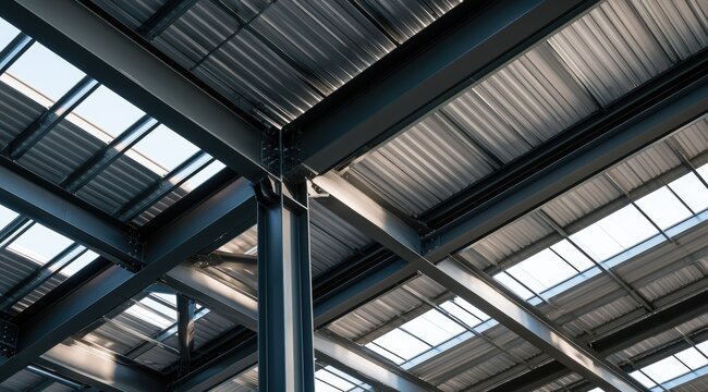 Industrial Warehouse Interior With Metal Beams And Skylights.